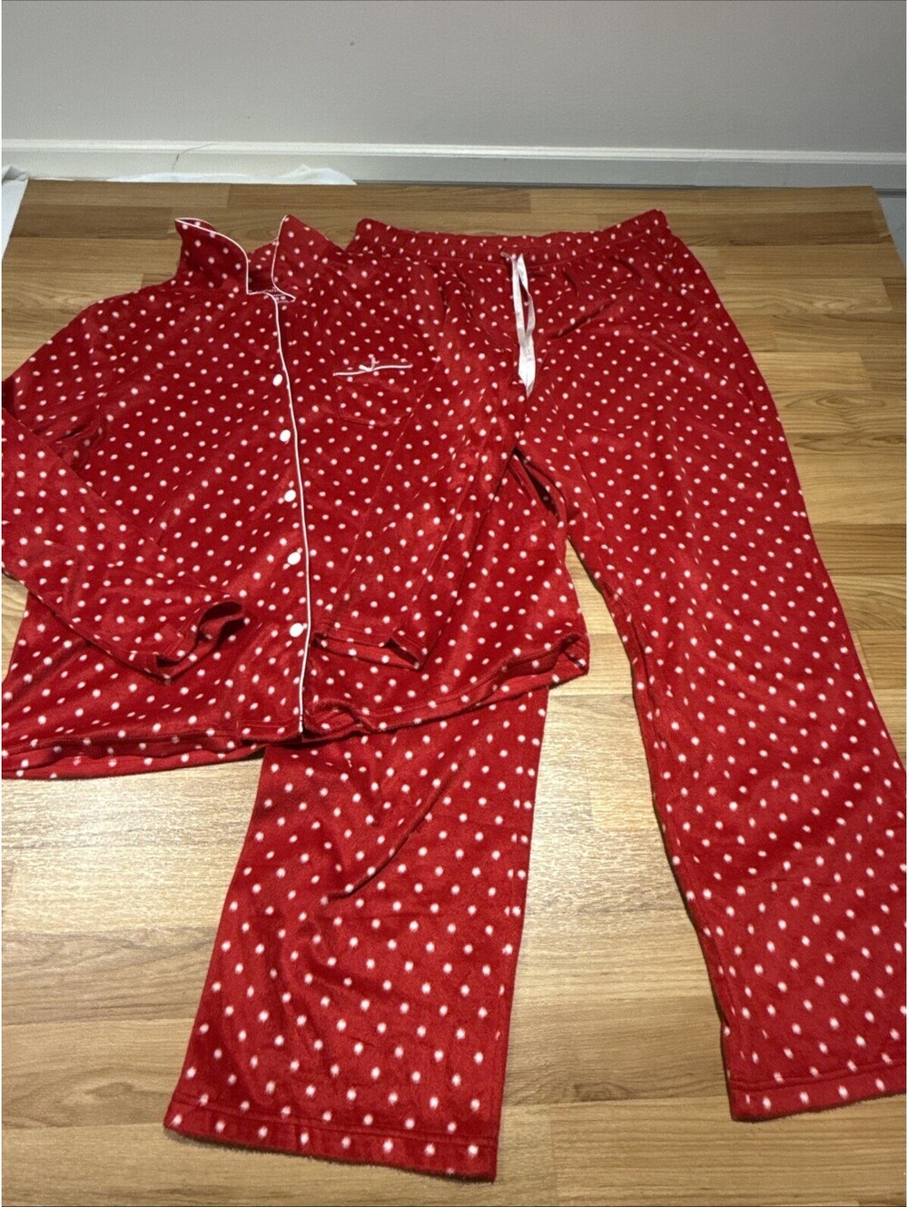 Croft & Barrow XL Petite Blue/White Polka Dot Fleece Button-Front Pajama Set